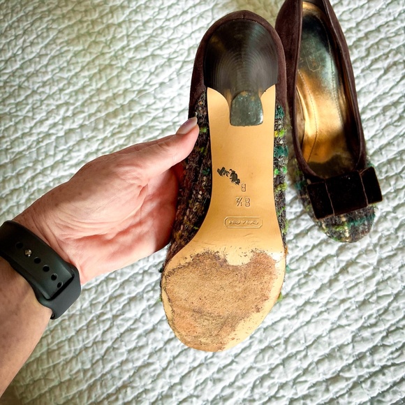 Coach Naomi Tweed Boucle  Plaid Suede Brown Velvet Bow Heels - Picture 7 of 12